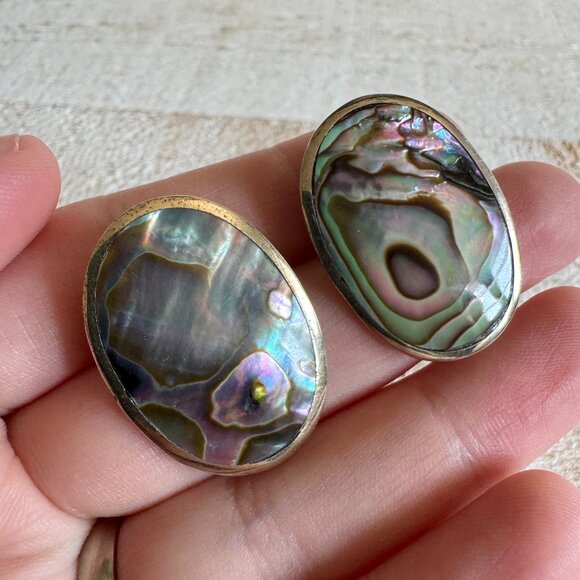 Vintage Abalone Clip On Earrings Alpaca Mexico - Picture 1 of 12